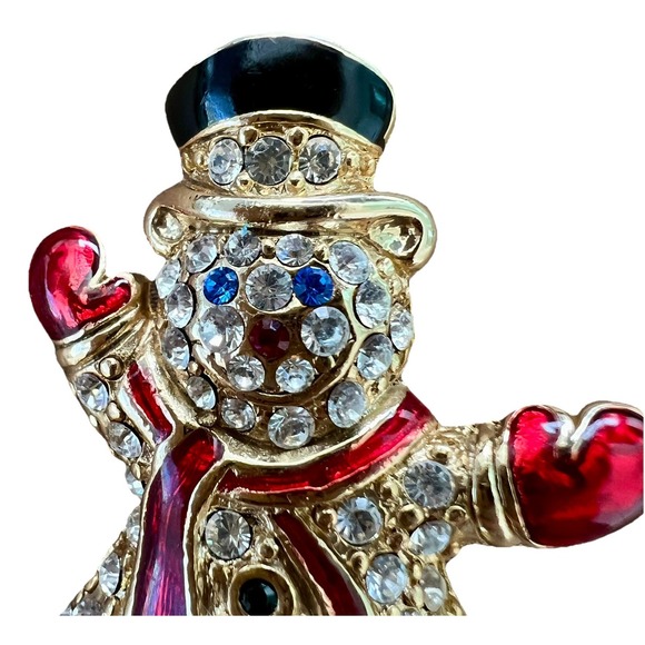 Vintage Monet Signed Red Enamel and Gold Tone Rhinestoned Snowman Pin/Brooch - Picture 2 of 7
